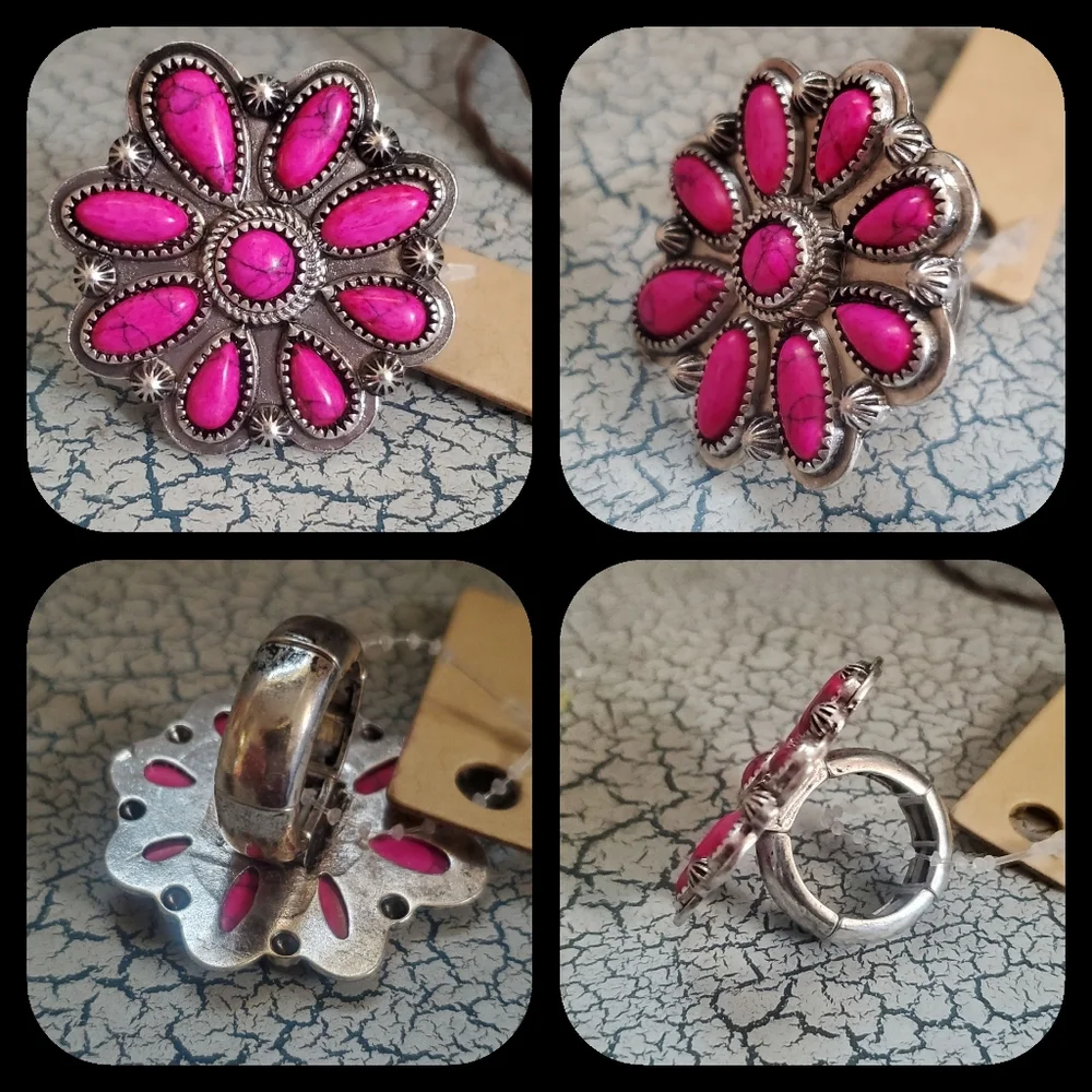Free Spirit Boho Native South Western People Pink Stone Beaded Flower Ring